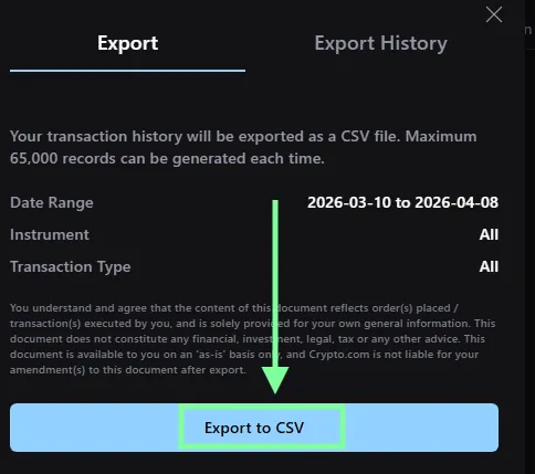 Crypto.com Exchange Schritt 5: im Pop-up-Fenster auf Export to CSV klicken