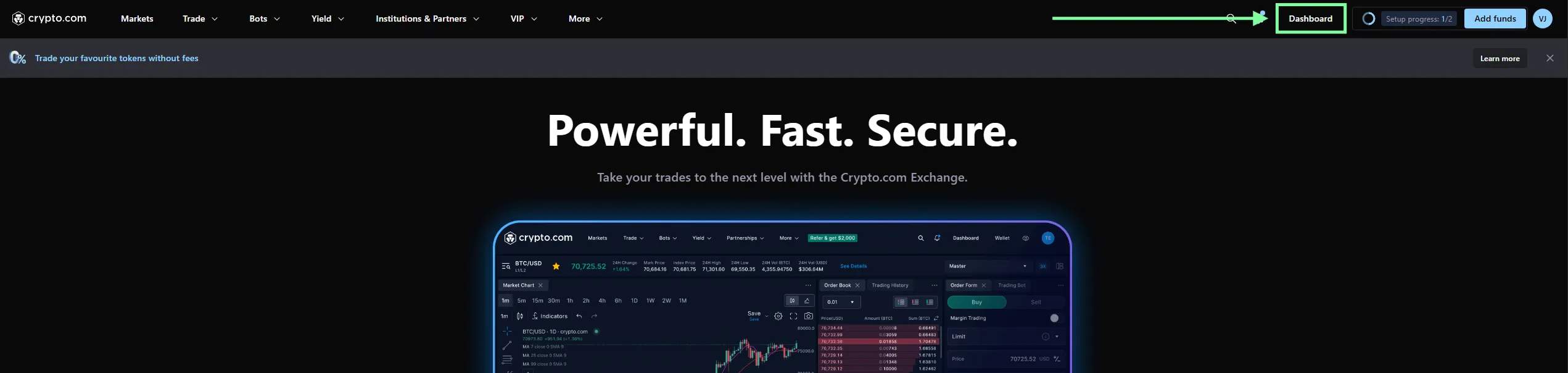 Crypto.com Exchange Schritt 1: das Dashboard über das obere Menü öffnen