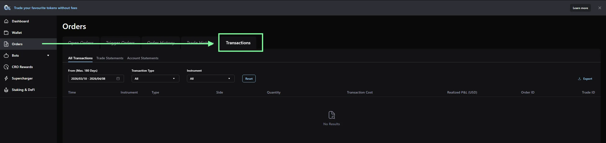 Crypto.com Exchange Schritt 3: den Reiter Transactions wählen und den Zeitraum einstellen
