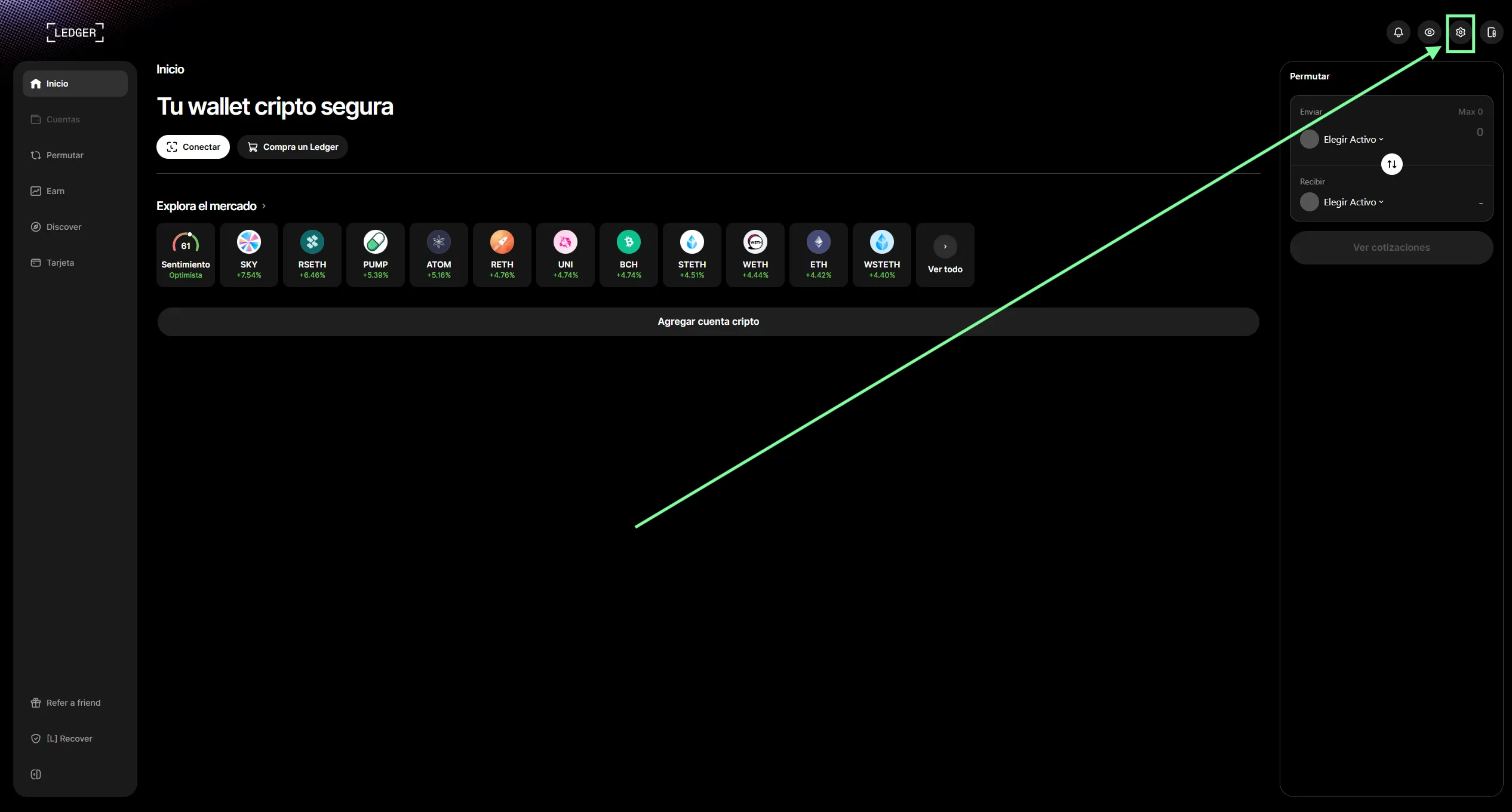 Startbildschirm von Ledger Live mit dem Symbol für die Einstellungen oben rechts