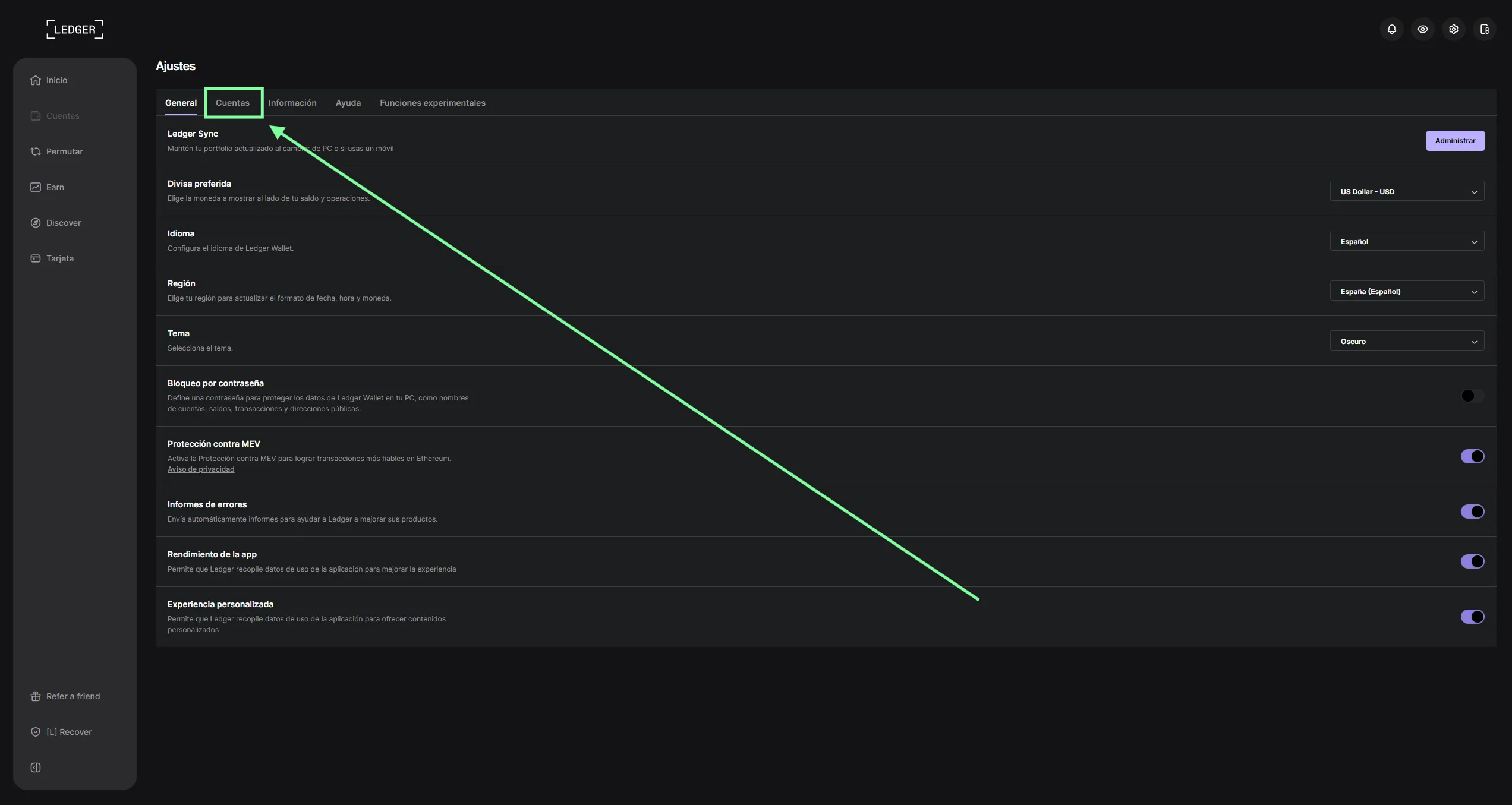 Einstellungen von Ledger Live mit ausgewähltem Reiter Konten