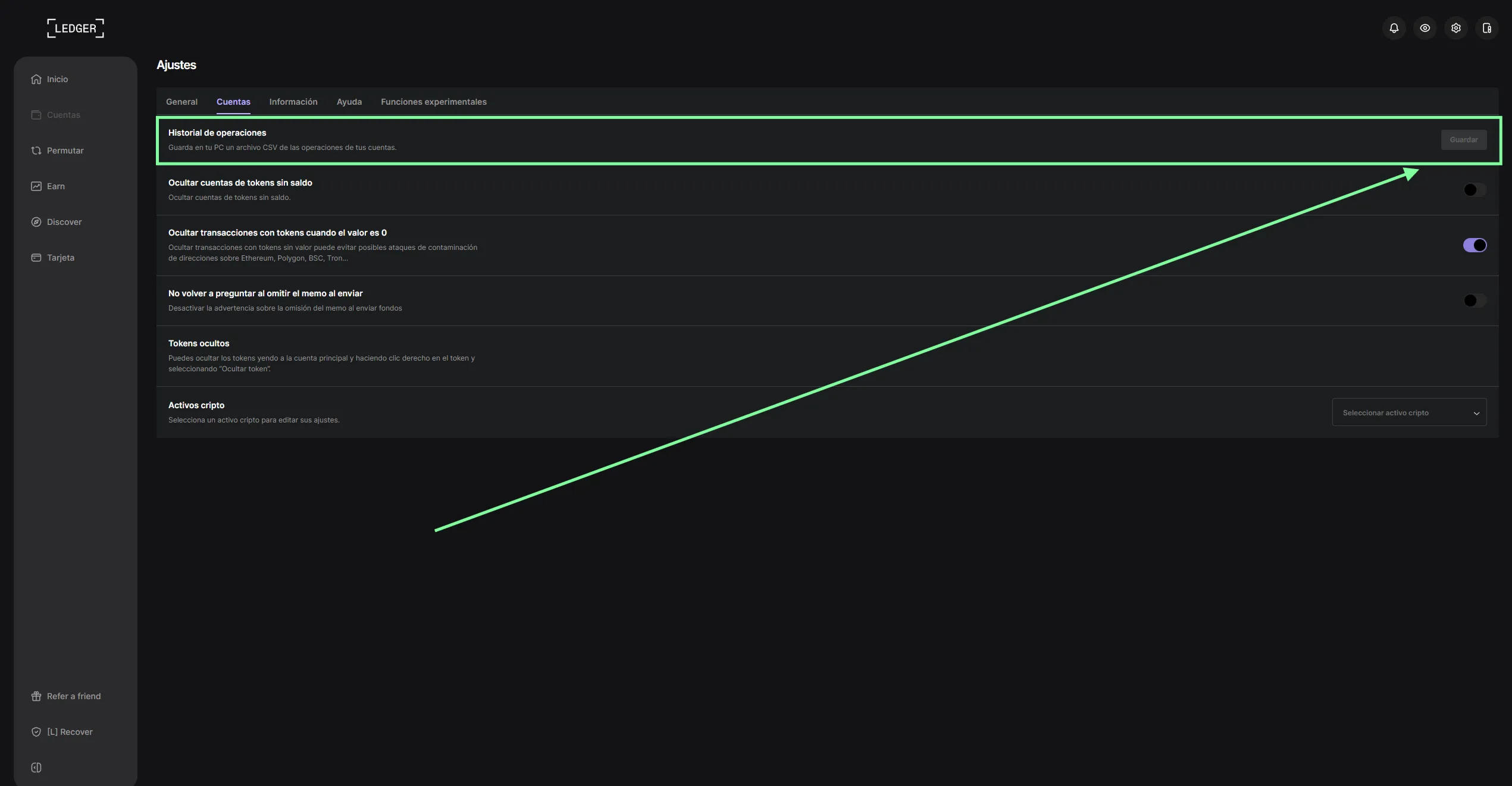 Bereich Vorgangshistorie in Ledger Live mit der Schaltfläche Speichern zum Download der CSV