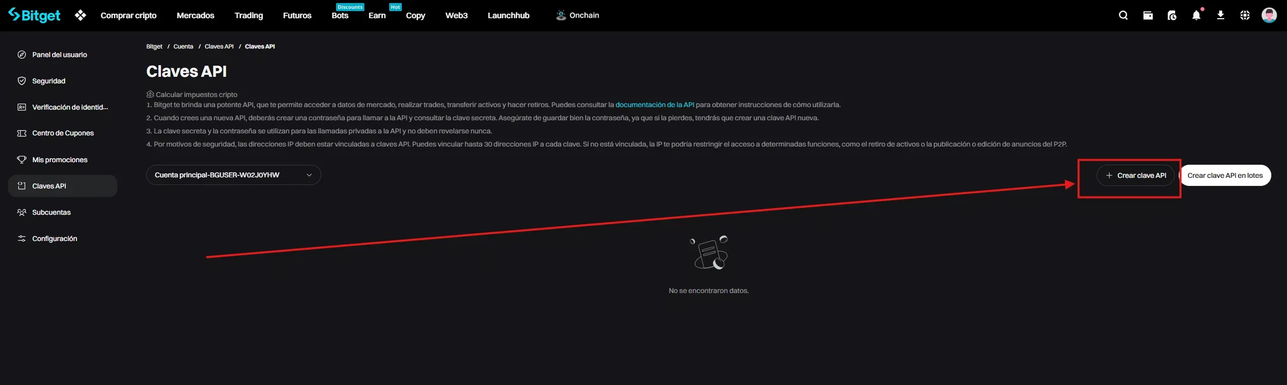 Bitget API Schritt 2: auf der Verwaltungsseite der Schlüssel auf Create API key klicken