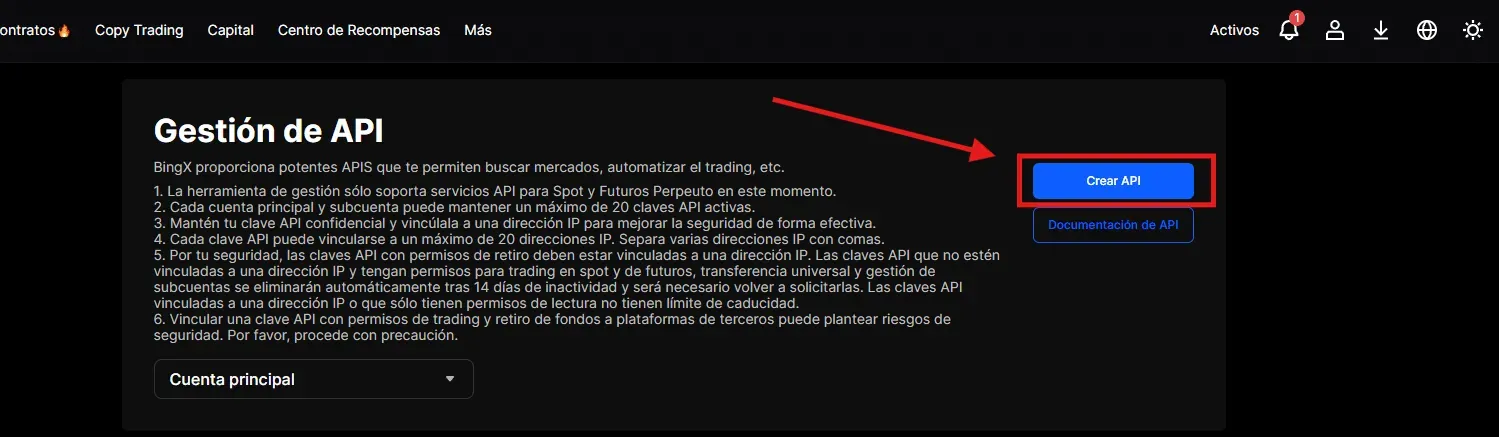 BingX API Schritt 2: auf der Verwaltungsseite der Schlüssel auf Create API klicken