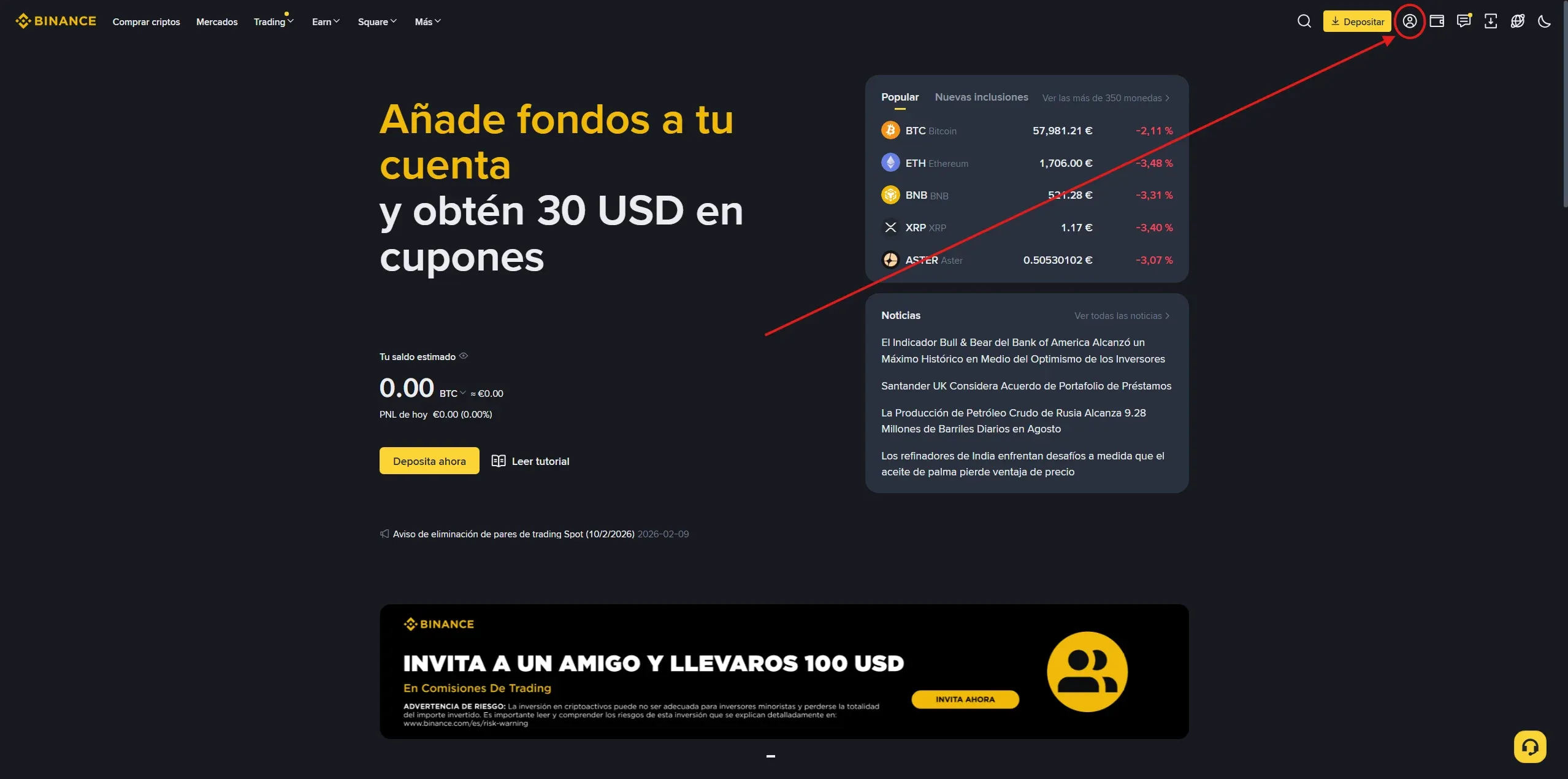 Il menu dell’account su Binance, la via verso le impostazioni API