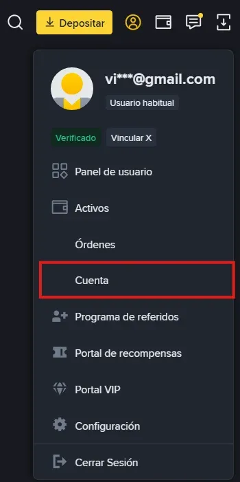 Selezione di Account nel menu Profile di Binance