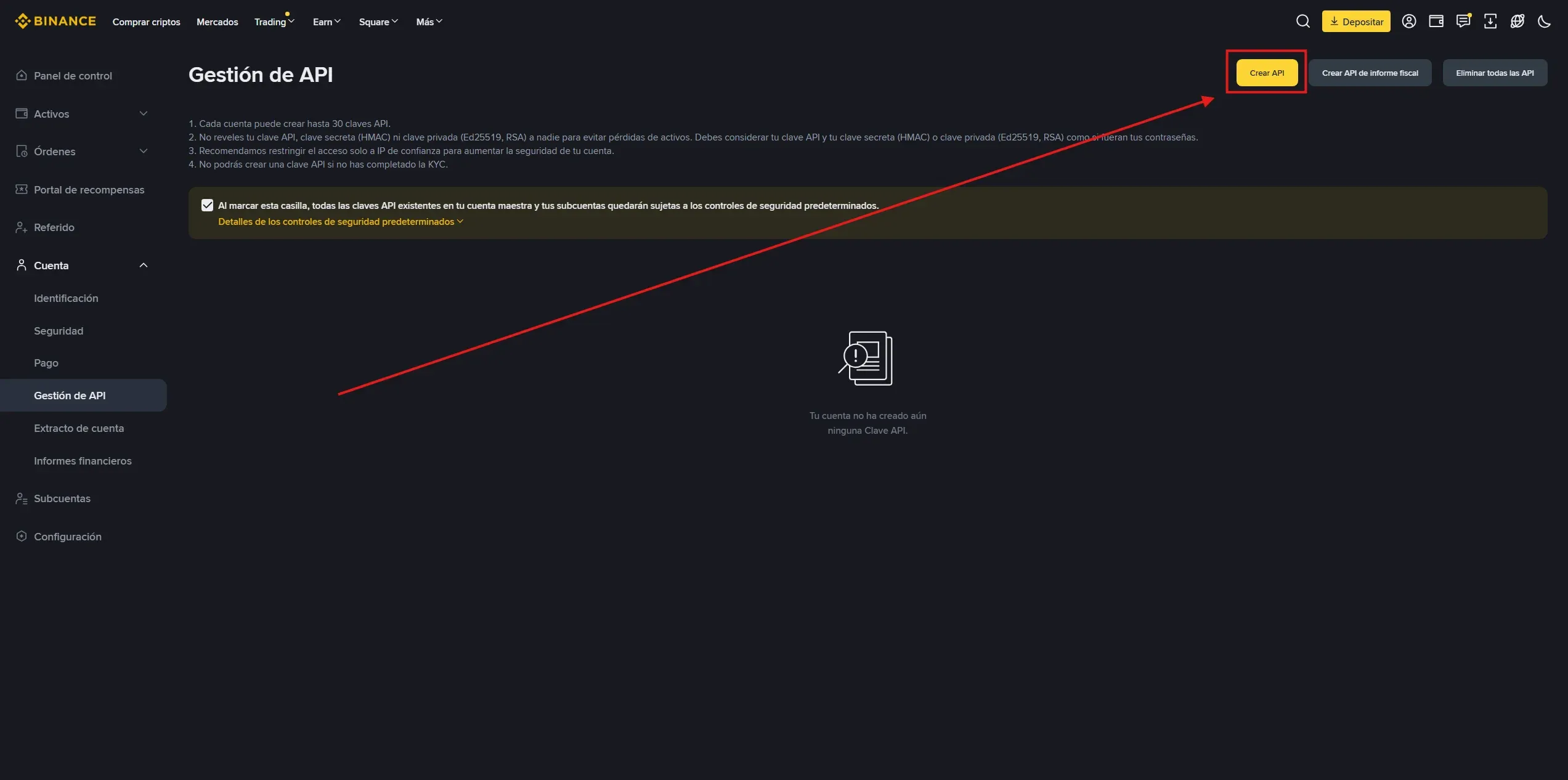 Il pulsante Create API su Binance