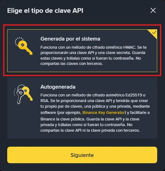 Selezione di una chiave API generata dal sistema su Binance