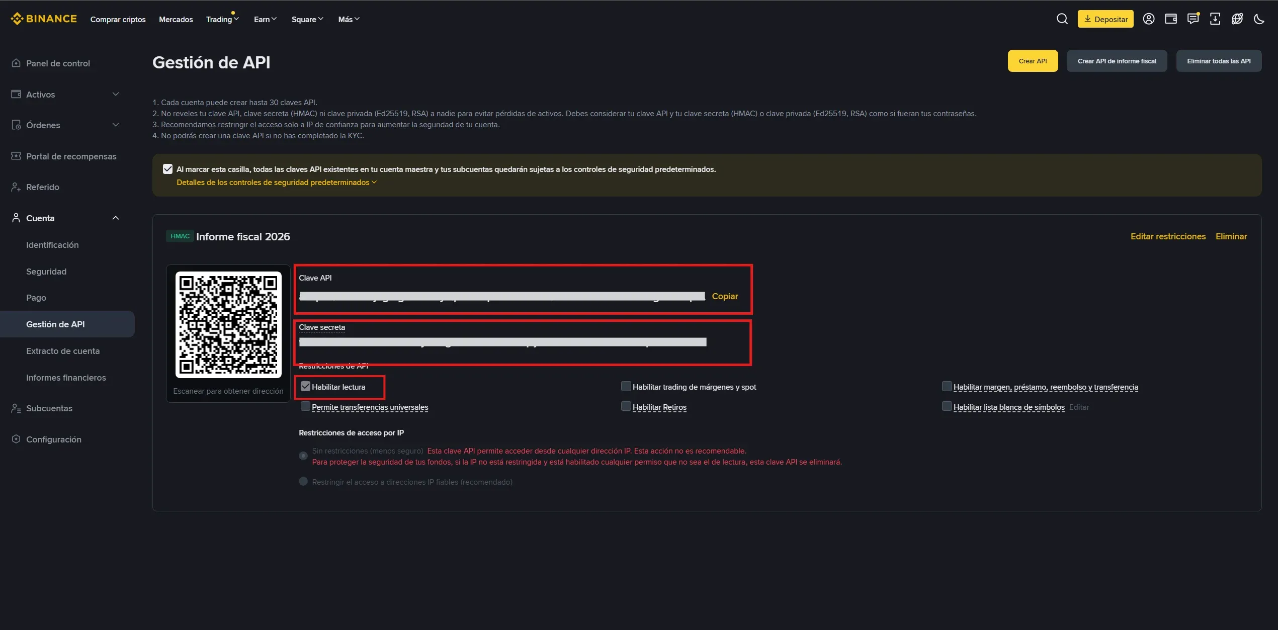 Impostare i permessi in sola lettura e conservare le chiavi API su Binance