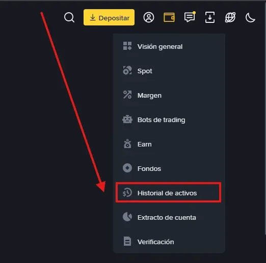 L’icona di download su Binance per esportare lo storico