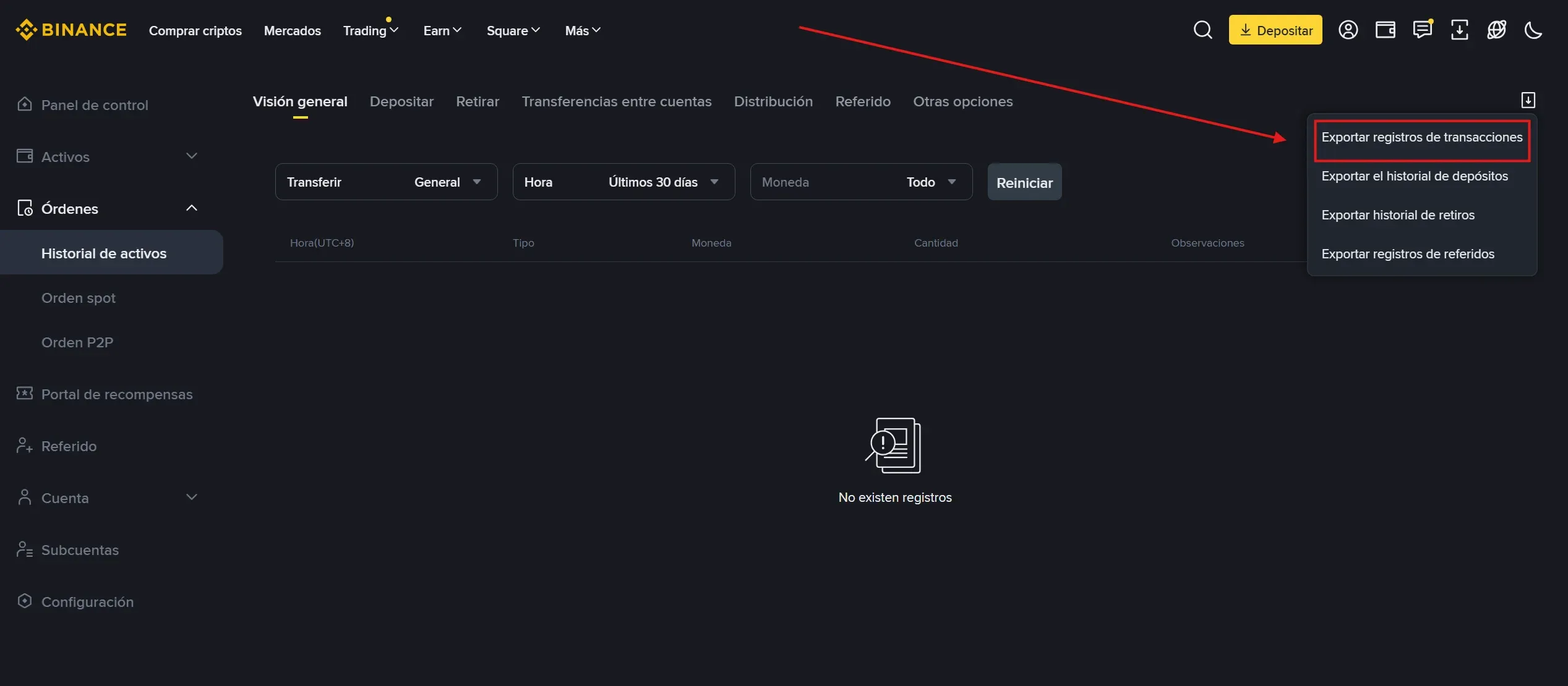 L’opzione Export Transaction Records nel menu a tendina di Binance