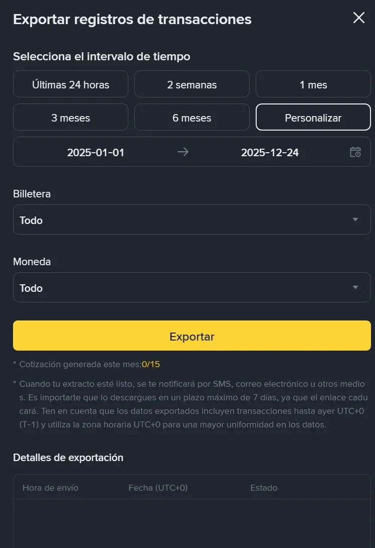 Impostazione di un intervallo personalizzato su Binance per esportare lo storico completo