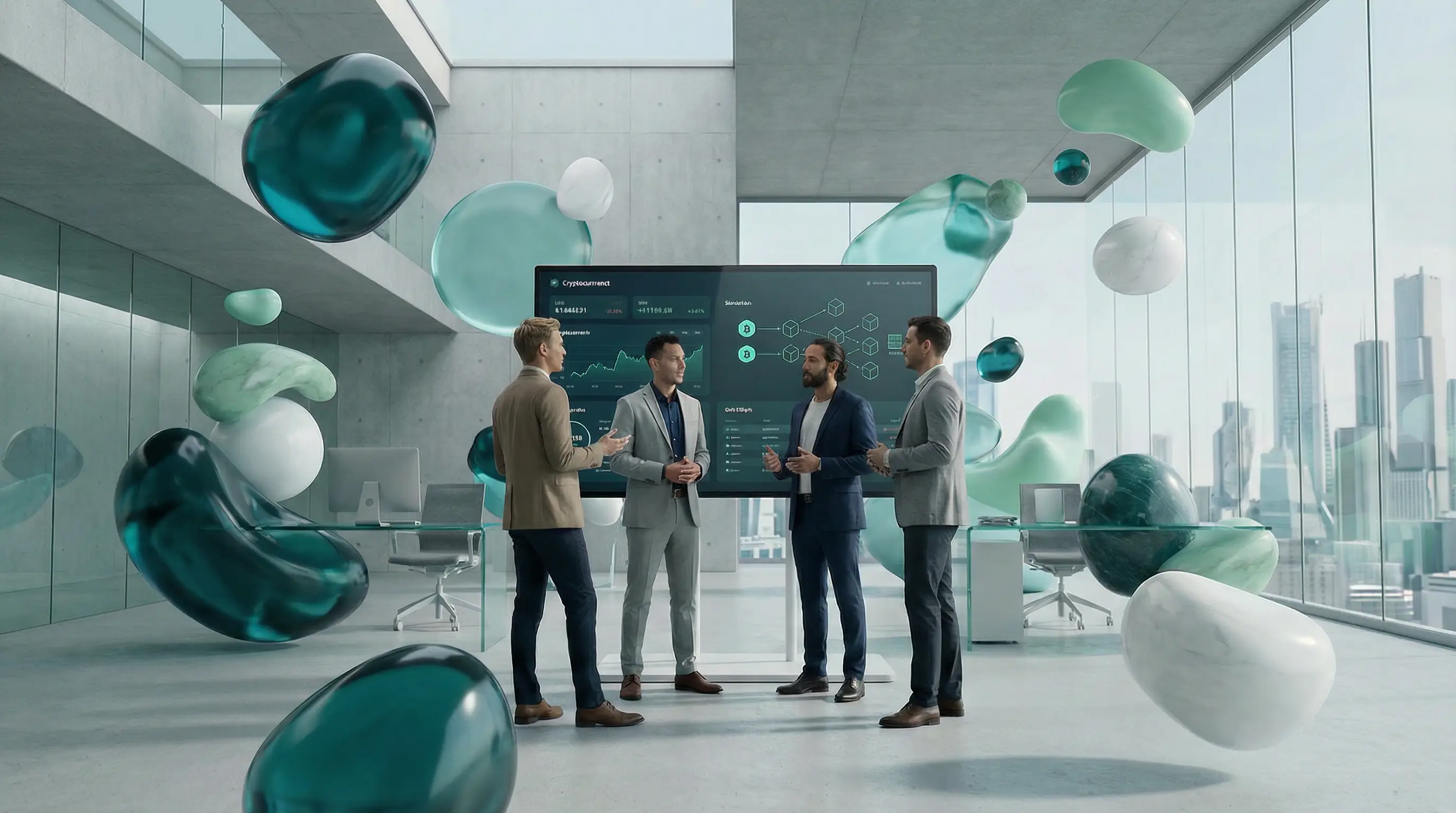 Das Team von colvence in einem modernen Büro mit abstrakten 3D-Elementen