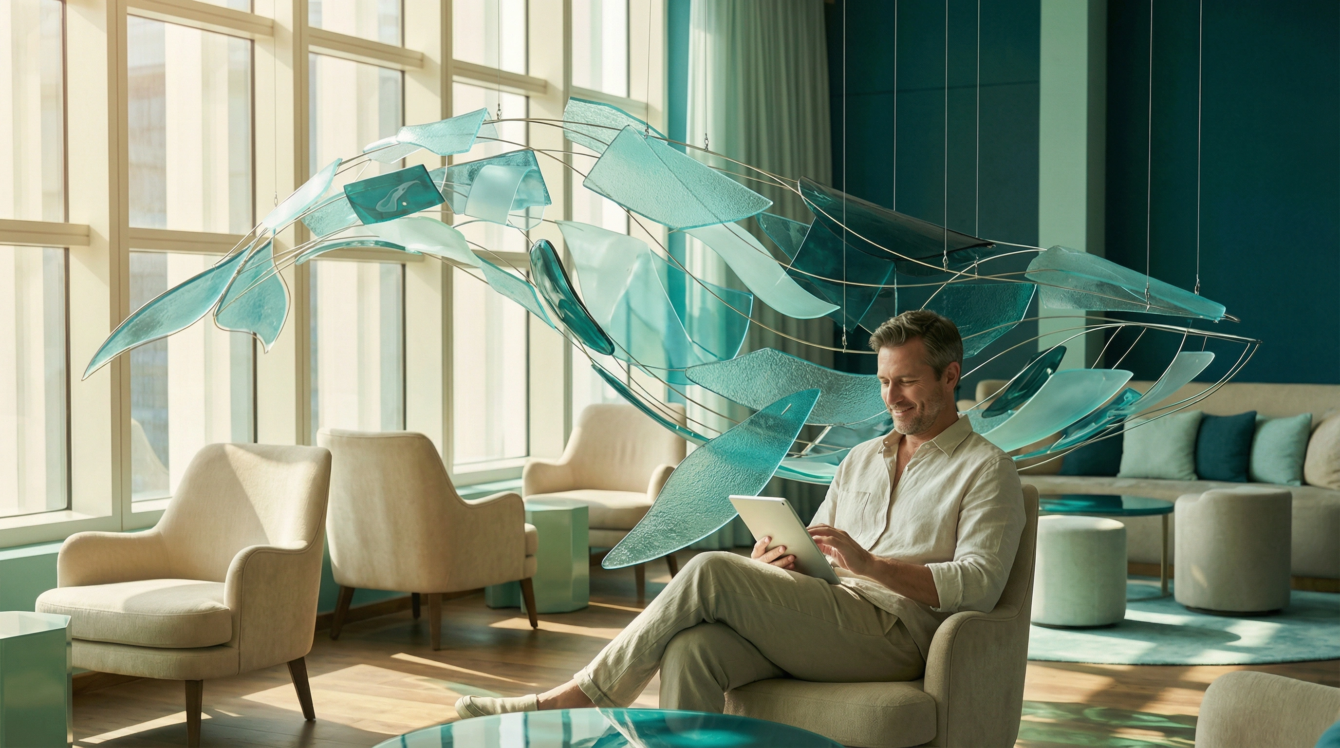 Person using a tablet in a modern office with abstract 3D elements