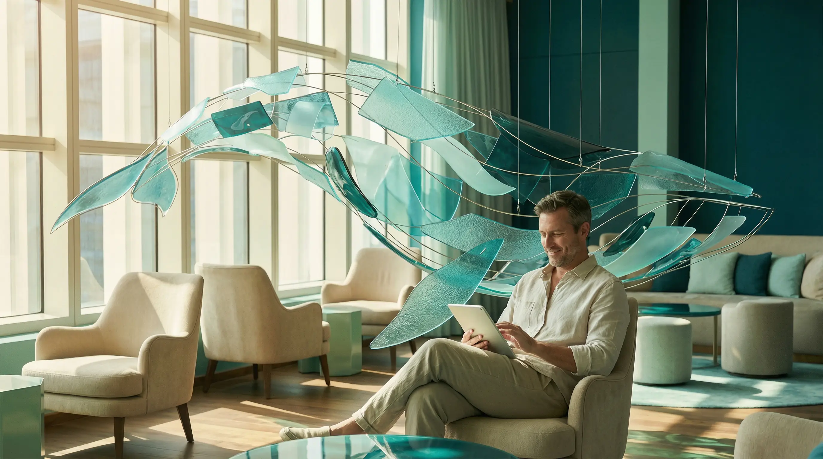 Person using a tablet in a modern office with abstract 3D elements