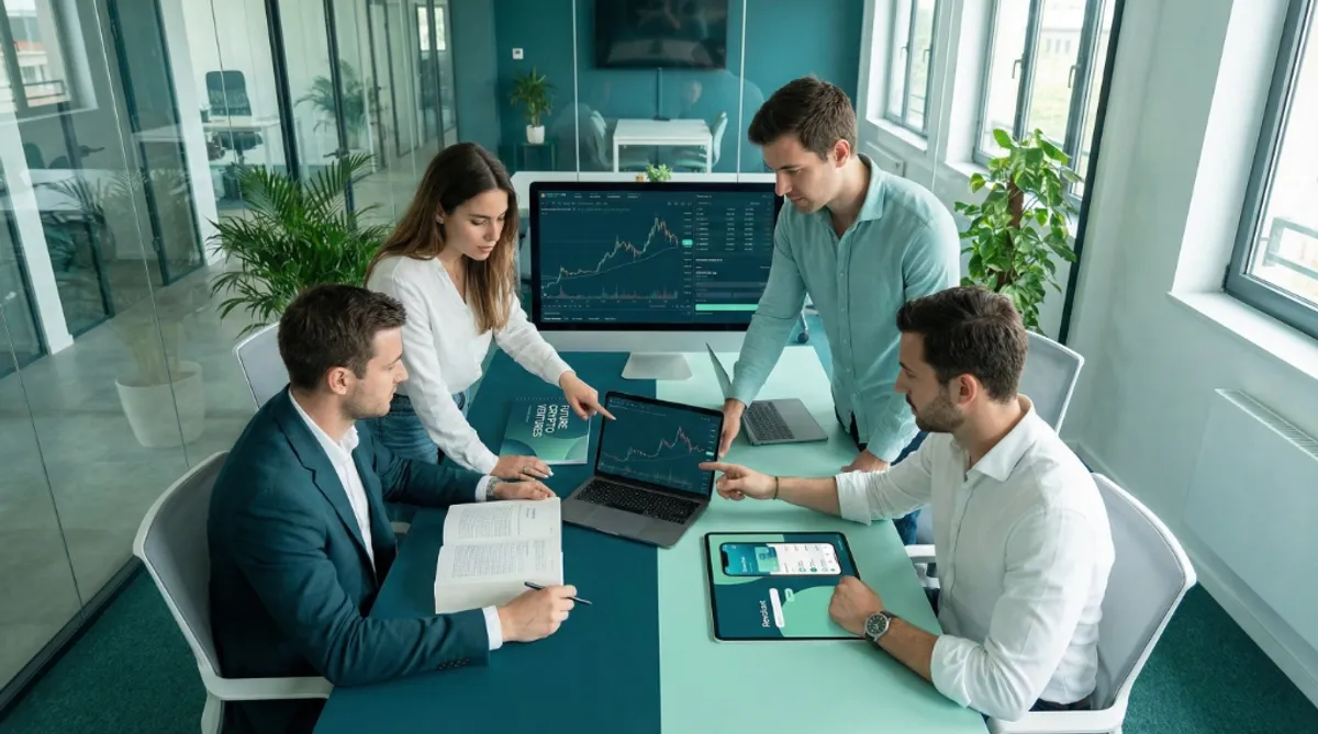 Equipo colvence trabajando en análisis de carteras cripto