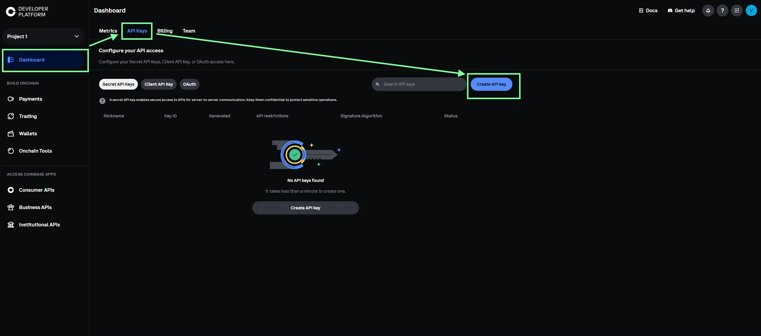 Passo 1 API Coinbase: la dashboard della Coinbase Developer Platform con la scheda API Keys selezionata e il pulsante Create API key evidenziato in alto a destra