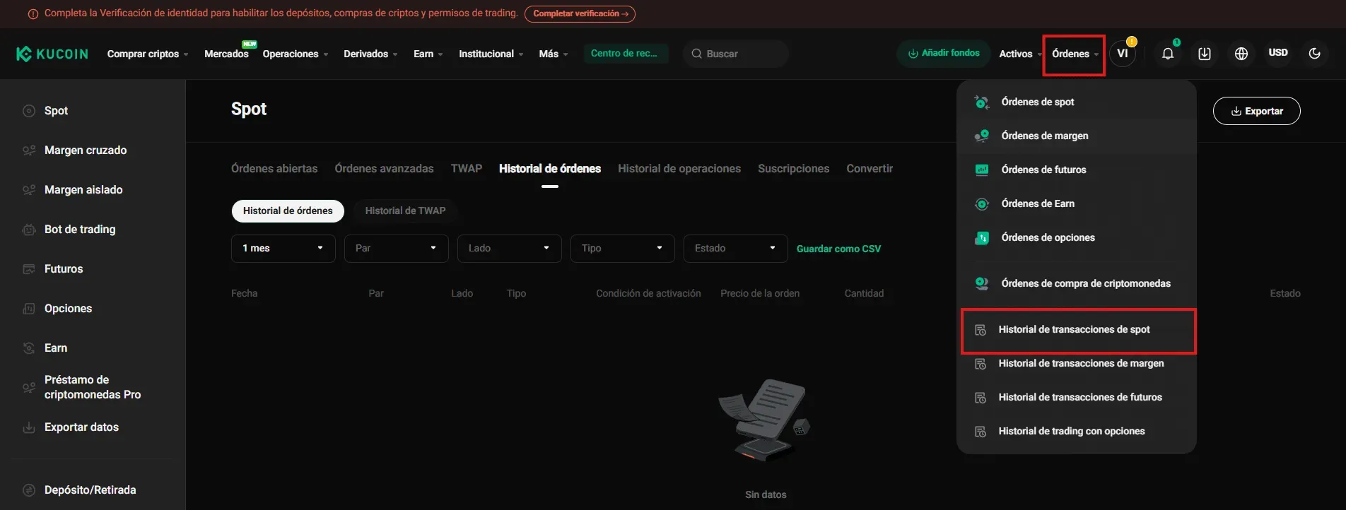 Passo 1 KuCoin: selezionare Orders e poi Spot Trade History dal menu in alto