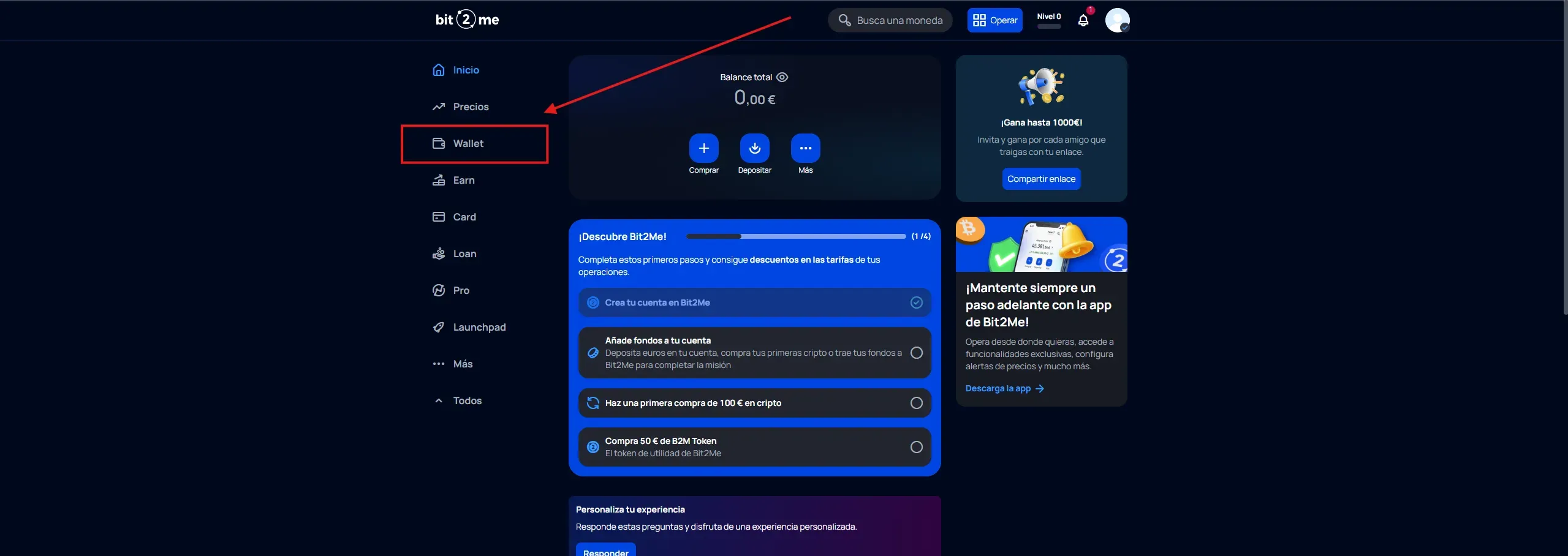 Screenshot che mostra come raggiungere la sezione Wallet in Bit2Me dalla barra laterale sinistra