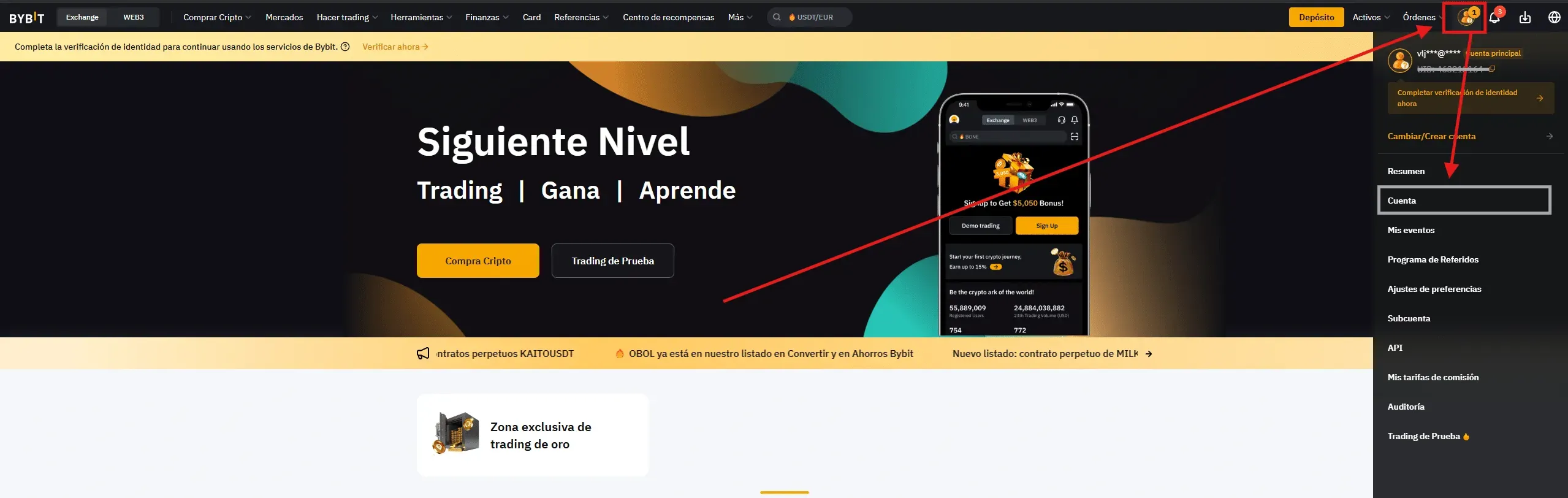 Passo 1 Bybit: cliccare sull’icona del profilo e scegliere Account dal menu a tendina