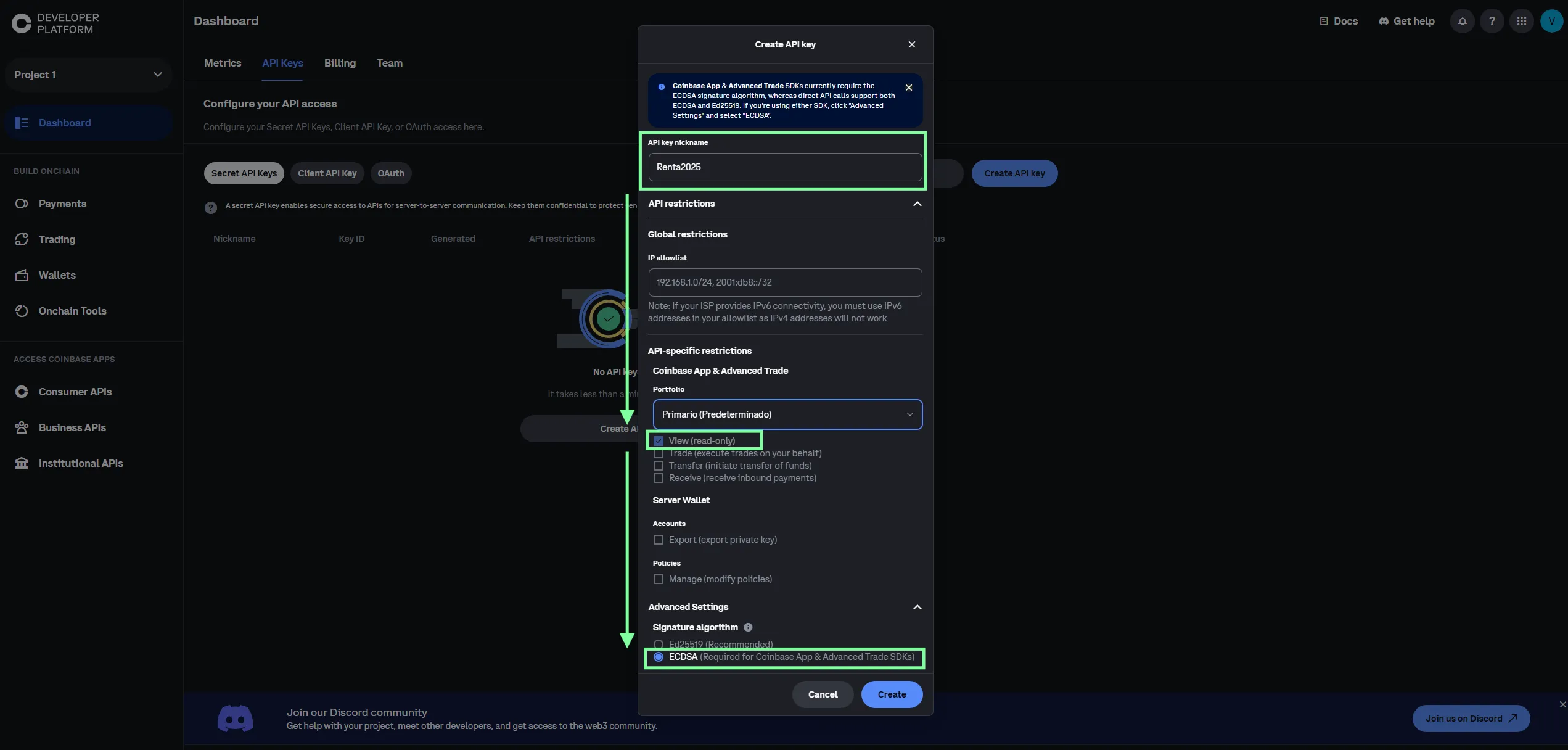 Passo 2 API Coinbase: la finestra Create API key con il nome Renta2025, il permesso View attivo, l’opzione Coinbase App and Advanced Trade selezionata e l’algoritmo ECDSA spuntato in Advanced settings