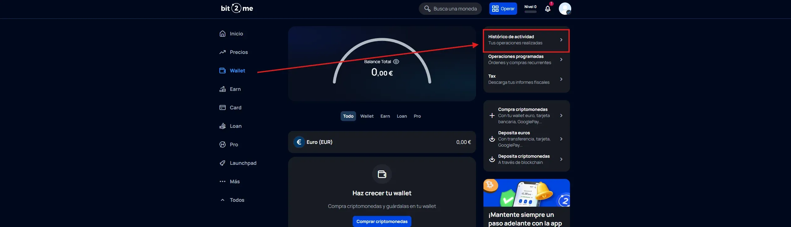 Posizione dello storico delle attività in Bit2Me, in alto a destra nella sezione Wallet