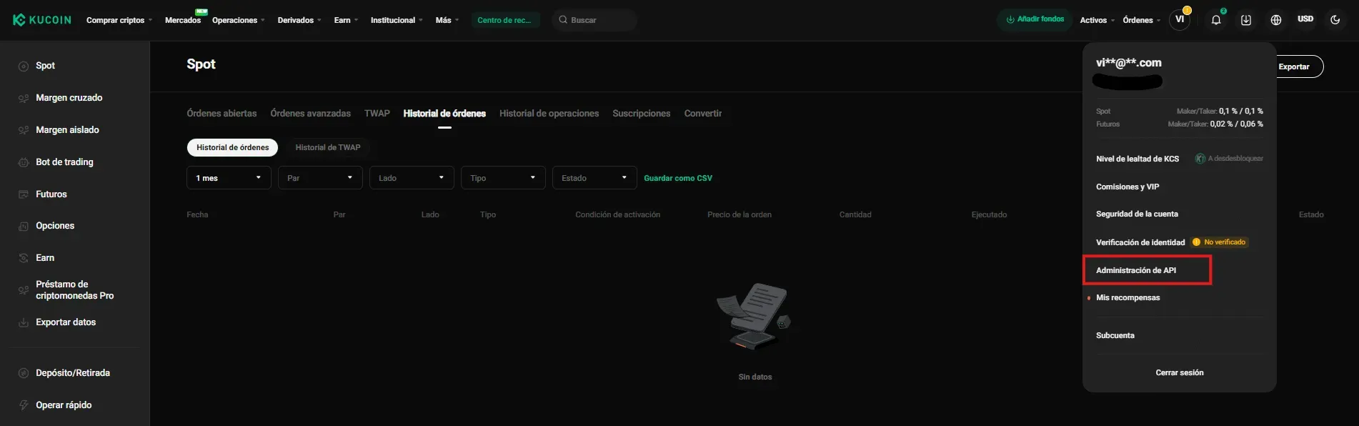 Passo 1 API KuCoin: accedere ad API Management dal menu del profilo