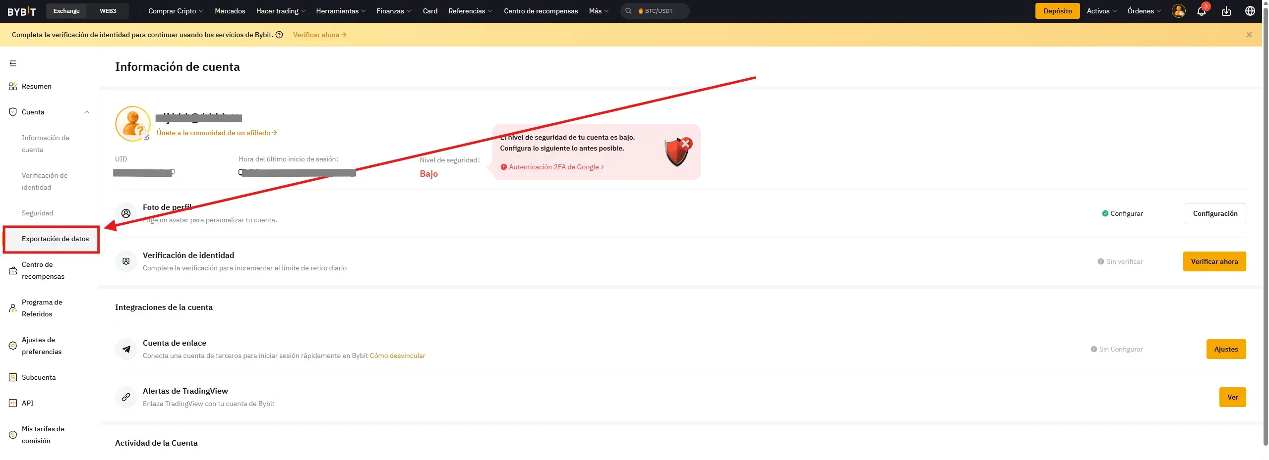 Passo 2 Bybit: aprire Data Export dal pannello laterale sinistro della sezione Account