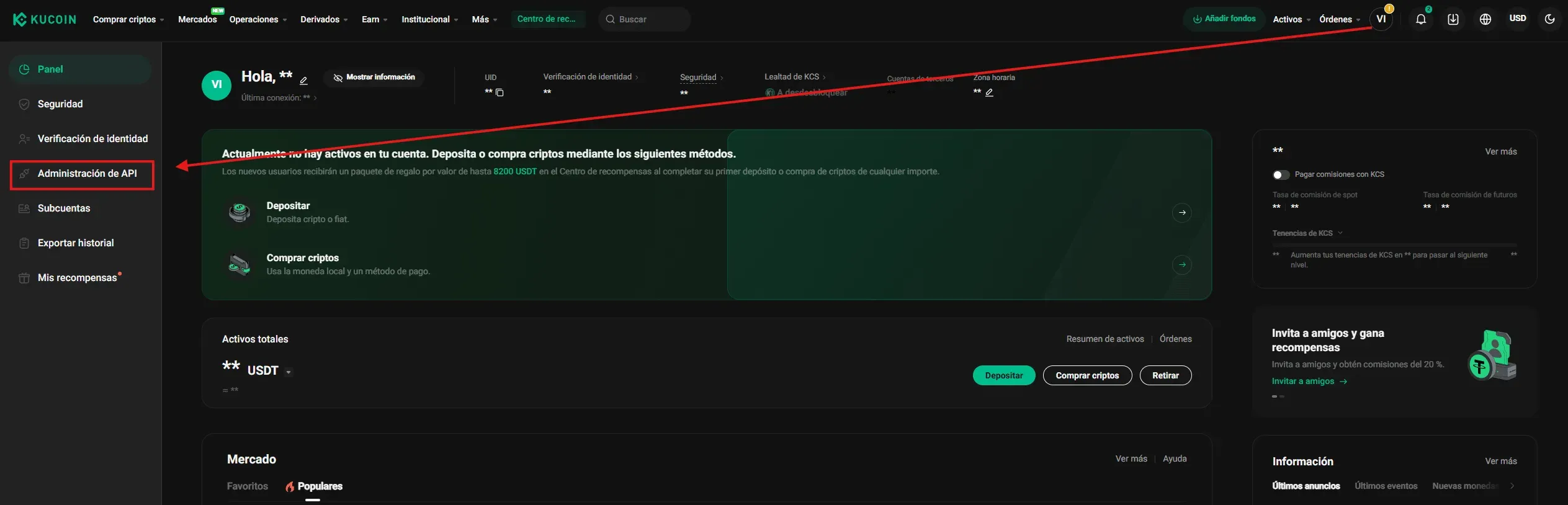 Accesso alternativo ad API Management dal pannello laterale dell’account