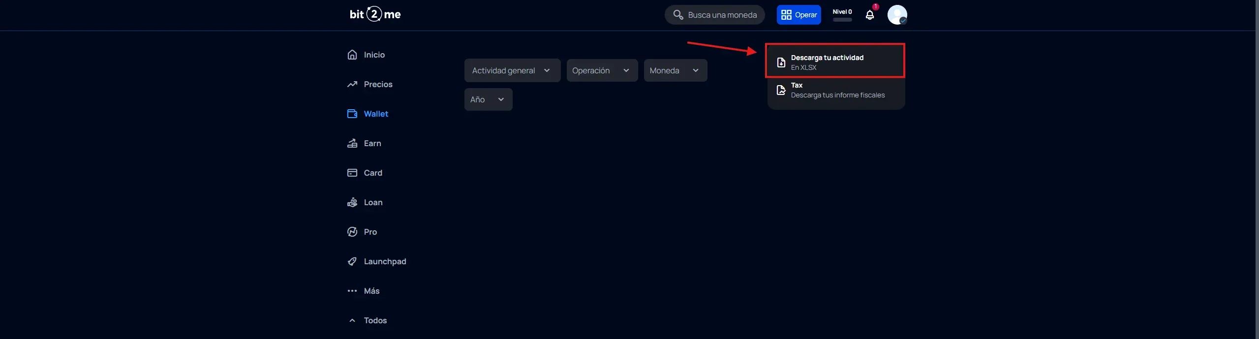 Pulsante Descarga tu actividad in formato XLSX su Bit2Me per esportare lo storico delle transazioni cripto