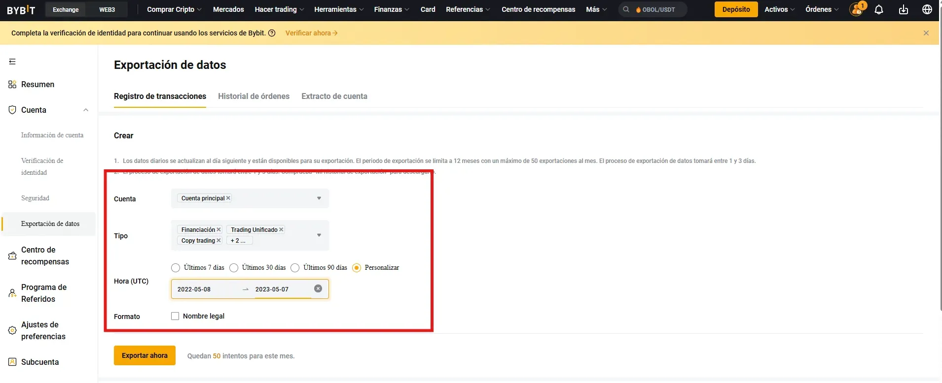 Passo 3 Bybit: configurare l’esportazione con conto principale, tutti i tipi di dati e intervallo personalizzato di un anno