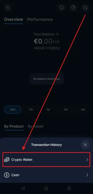 Crypto.com Schritt 3: auf das Uhrsymbol tippen, um zur Transaktionshistorie zu gelangen