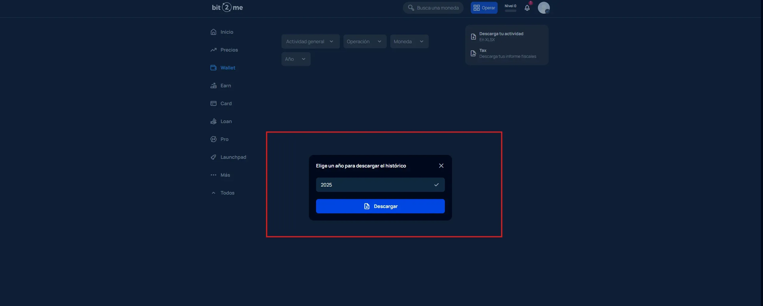 Finestra di Bit2Me per selezionare l’anno d’imposta e scaricare il file XLSX con lo storico delle operazioni