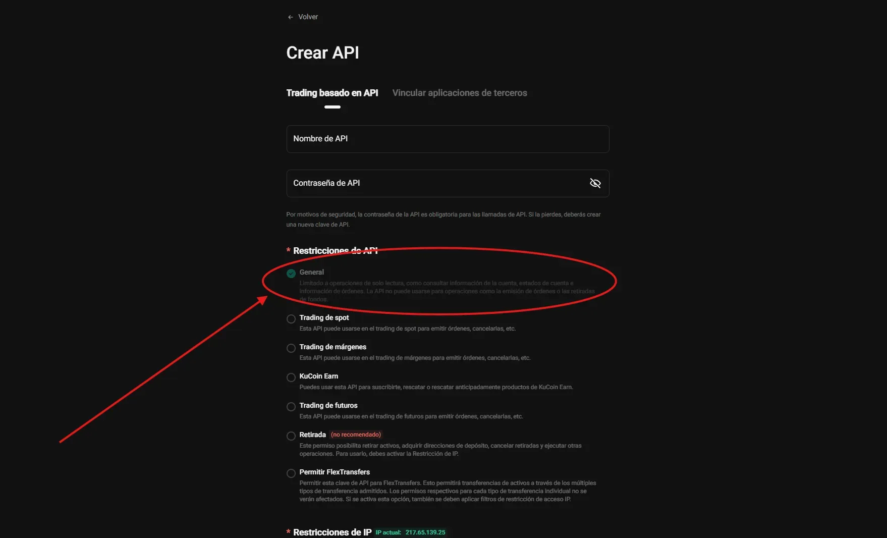 Passo 3 API KuCoin: selezionare soltanto il permesso General (sola lettura) nelle restrizioni API