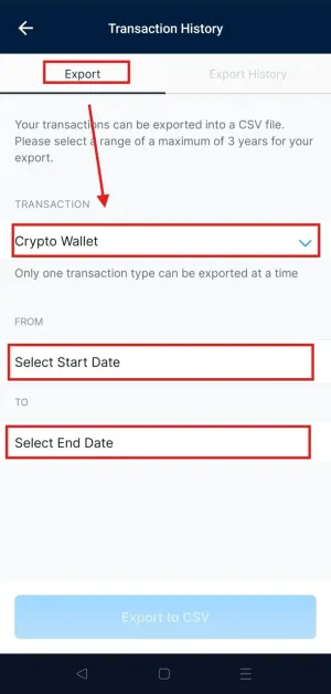 Crypto.com Schritt 5: die Option Crypto Wallet zum Export der Kryptovorgänge auswählen