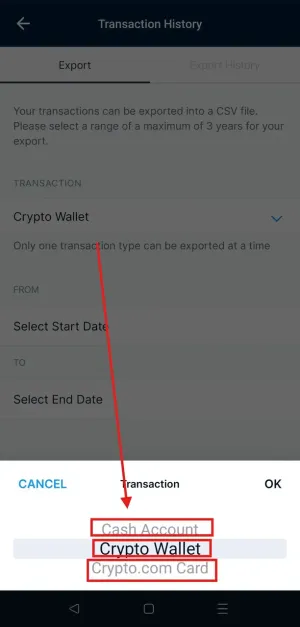 Crypto.com Schritt 6: den Exportzeitraum mit höchstens drei Jahren je Bereich einstellen